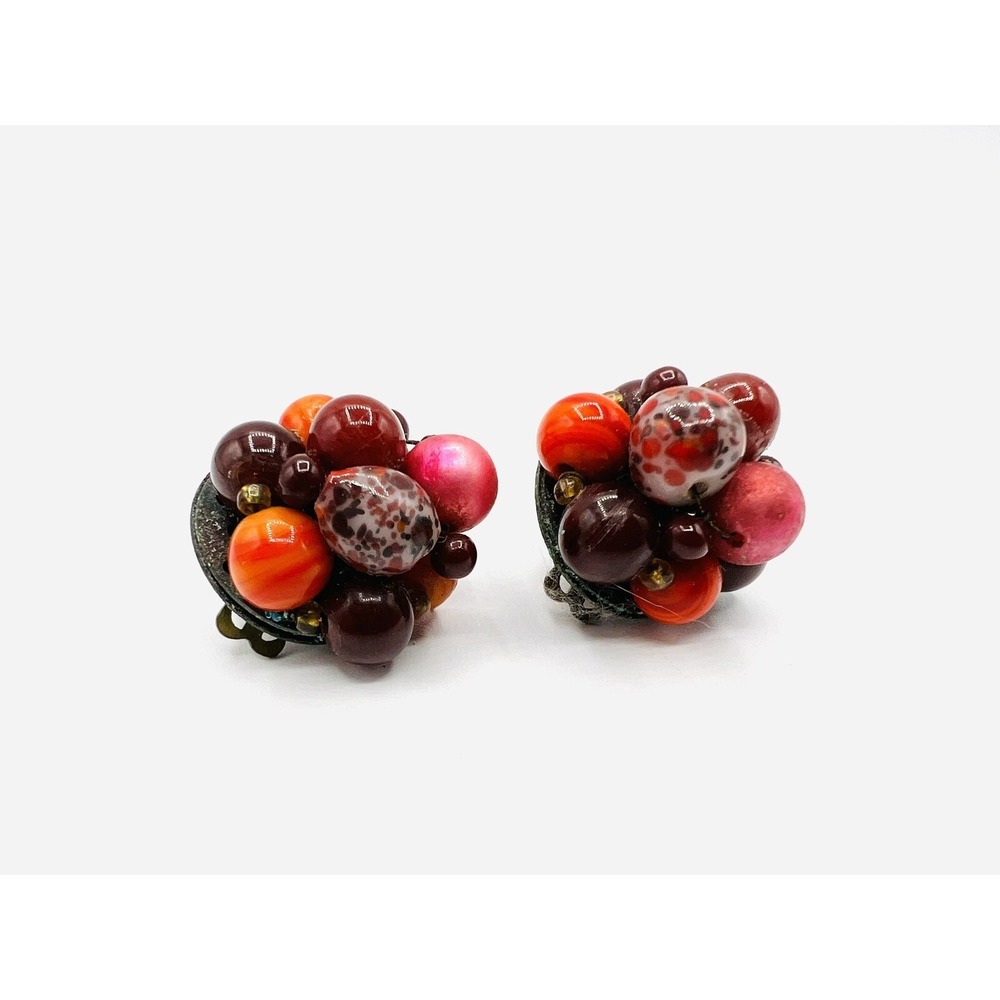 Vintage Japan Clip-On Earringsβ Multicolored Beads Cluster